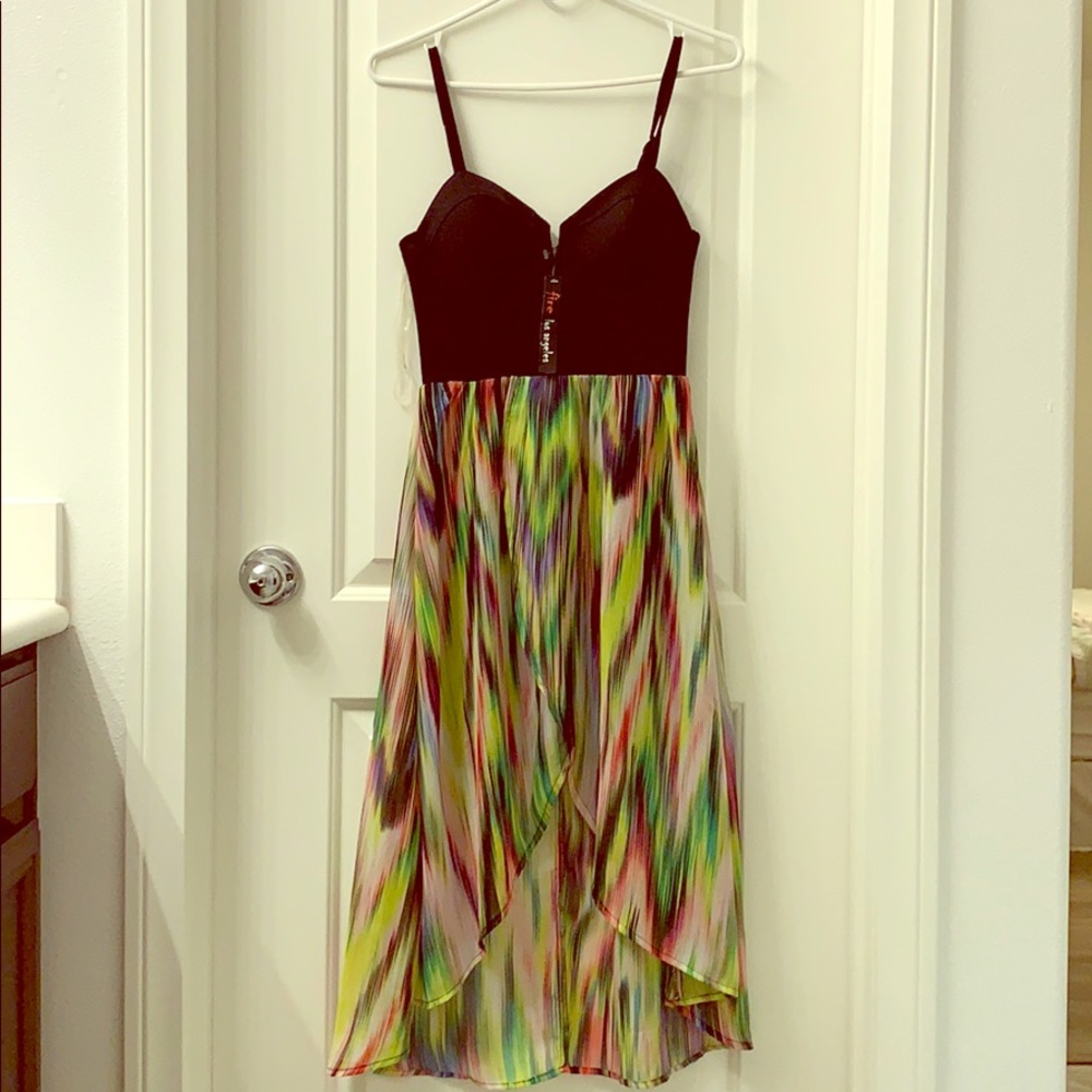 FIRE LOS ANGELES Women’s Black Corset Multi Colored Tulip Hem Midi Dress Size S